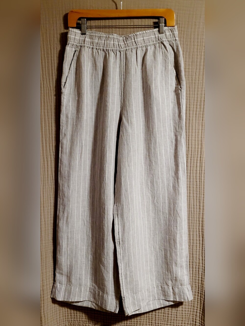 C&C California Beige and White Striped Wide Leg 100% Linen Pants M